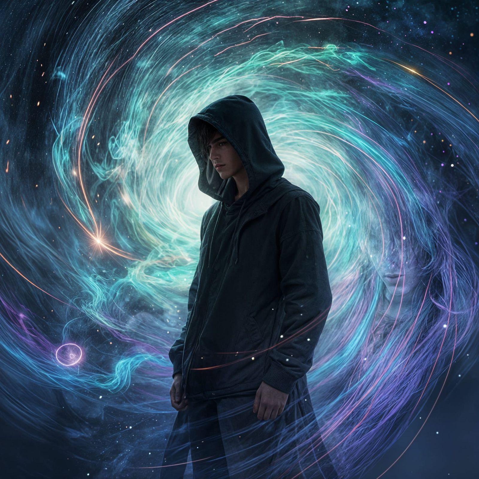 Mystical Hooded Figure Embracing Vibrant Colors