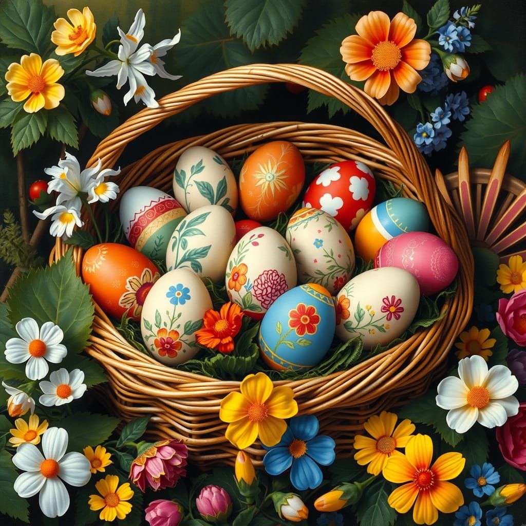 Whimsical German Easter Basket Filled with Colorful Folk Art...