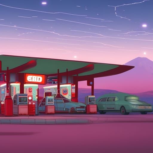 Retro Gas Station on Mars in Ghibli Anime Style