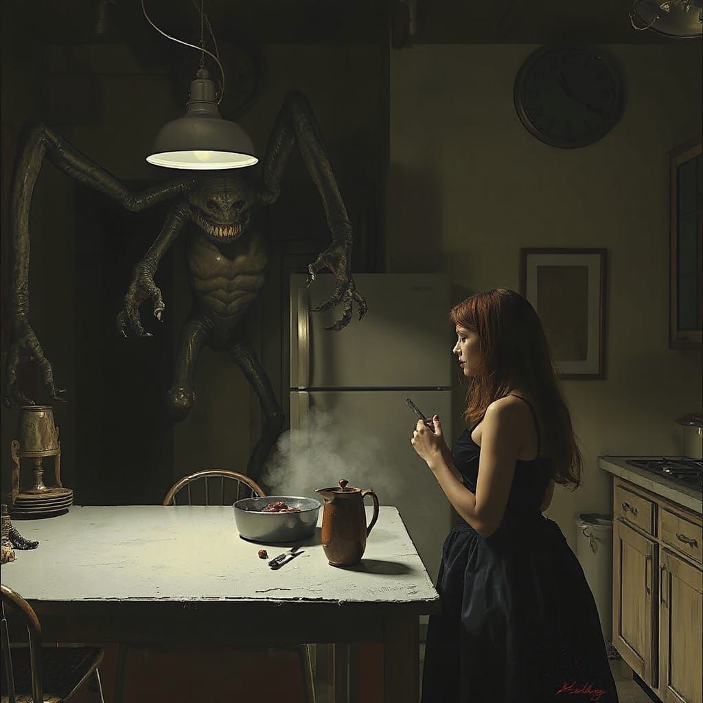 Woman's Sinister Kitchen Encounter: A Surreal Image