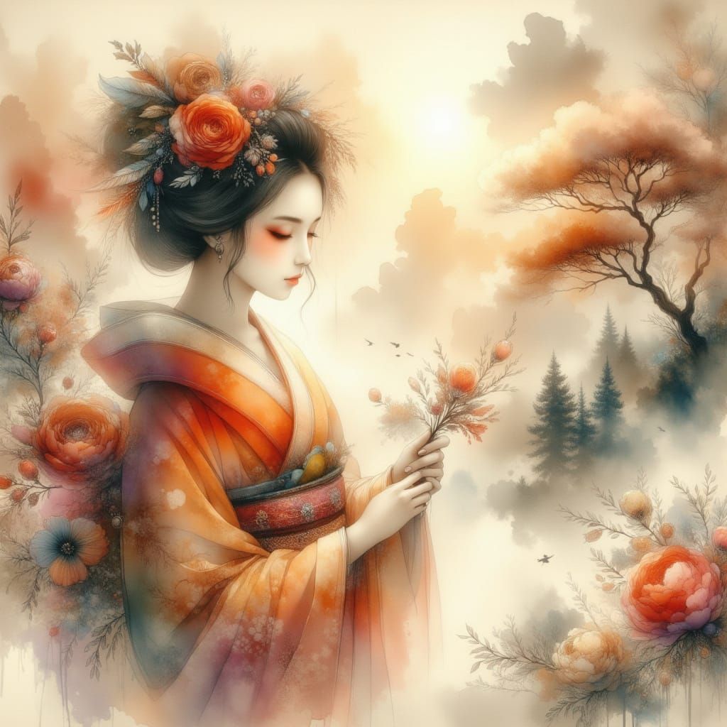 Whimsical Geisha in Ethereal Landscape