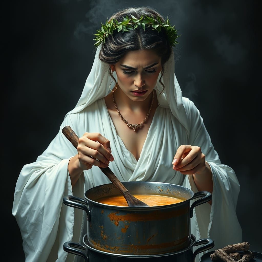 Unhappy Goddess Stirring Soup: Hyperrealistic Digital Art