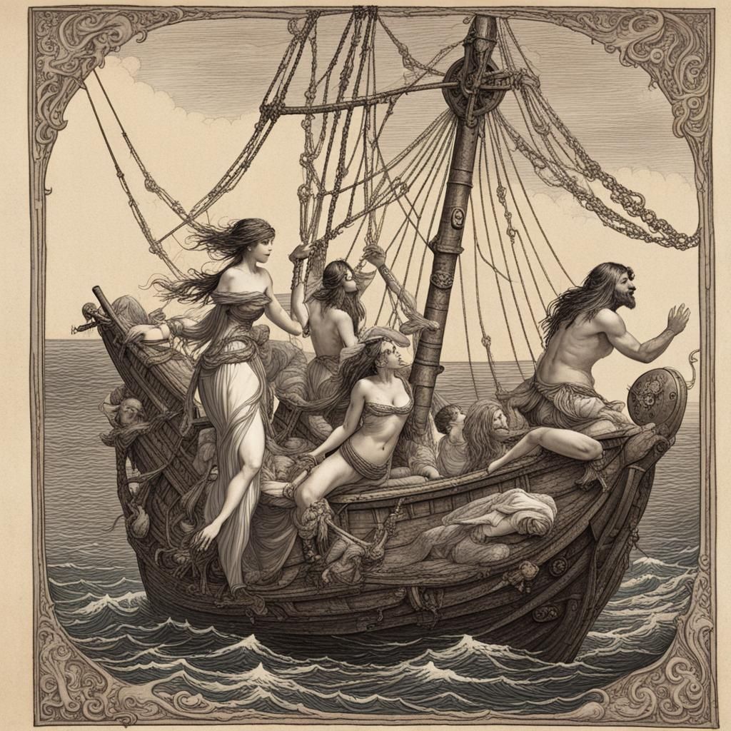 Mermaids Tempting Pirates on a Caravel Ship