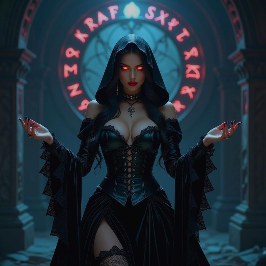 Gothic Witch Performing Ritual in Ancient Cathedral