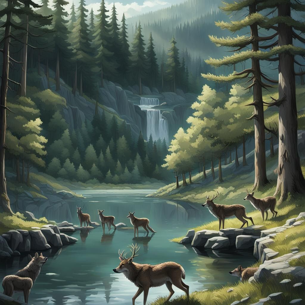 Deer at Lake with Wolves Howling in Grief