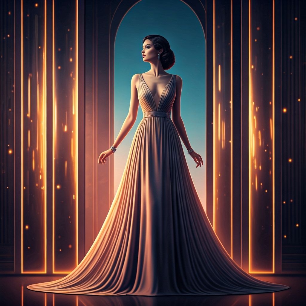 Elegant Woman Amidst Shimmering Lights in Futuristic Style