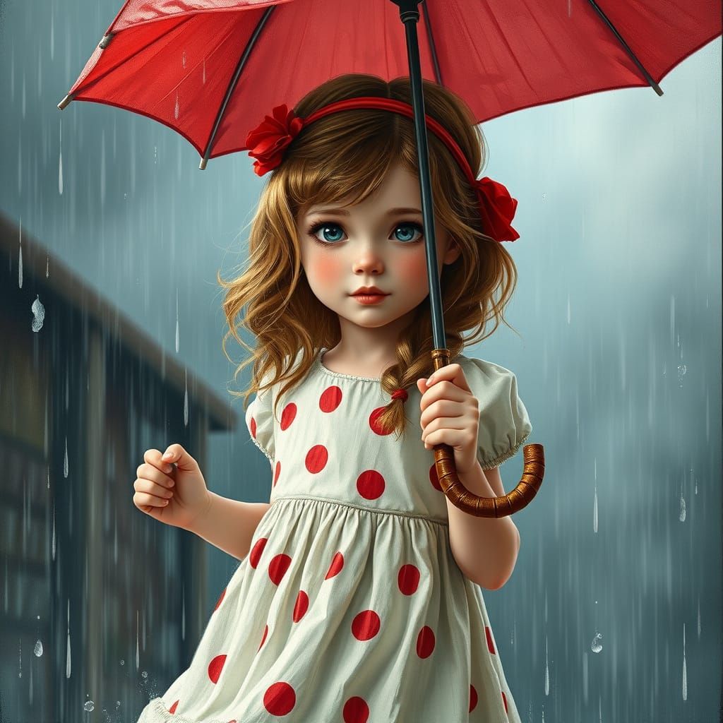The girl with the white dress with red polka dots