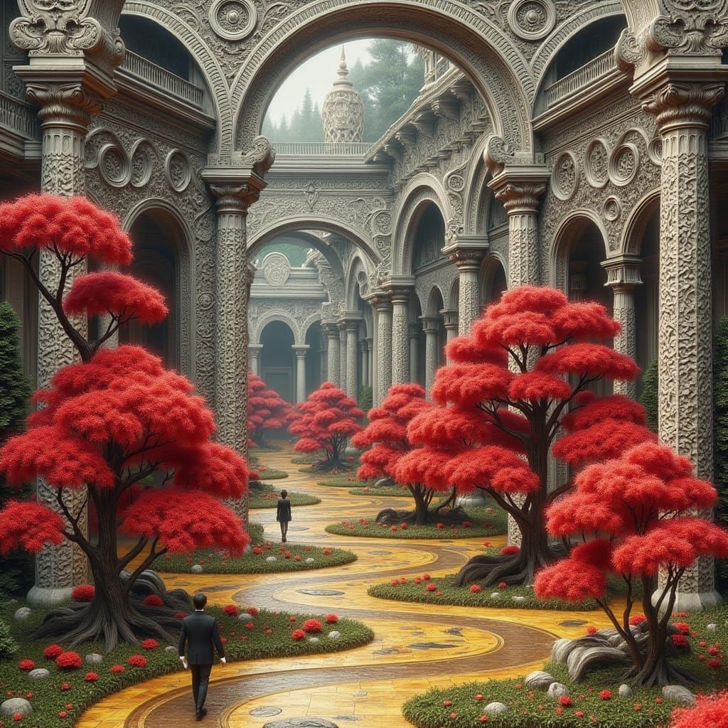 Surreal Landscape with Red Trees and Golden Paths