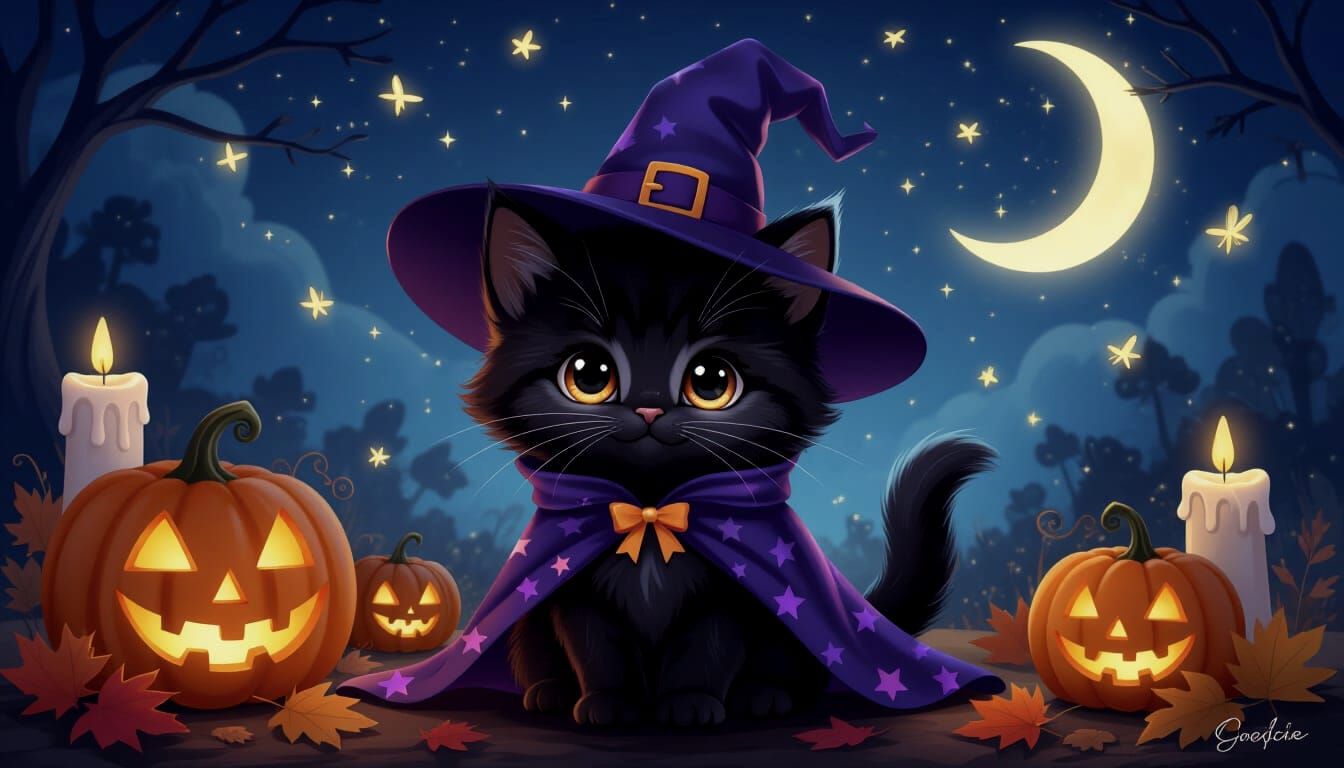 Adorable Black Kitten in Whimsical Halloween Scene