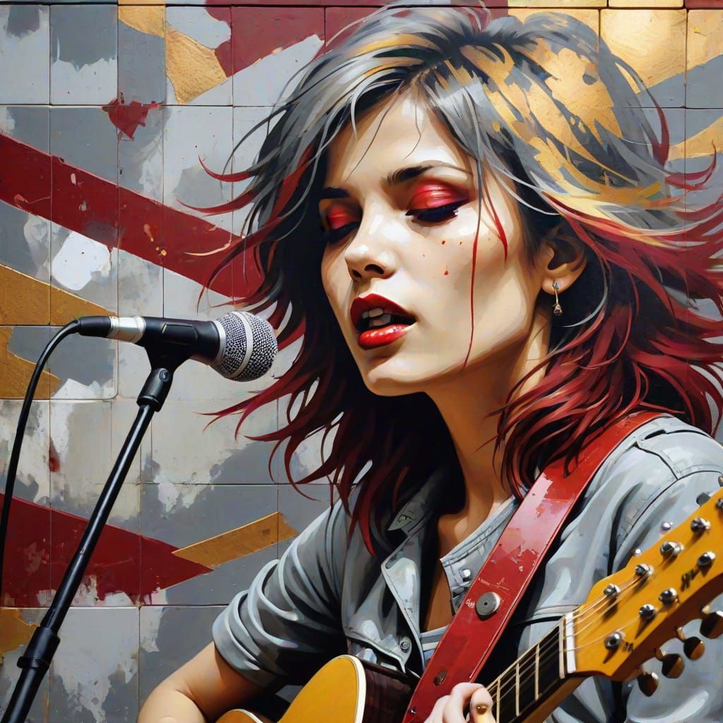 Street Art Mural of a Female Guitarist in Indie Rock Style