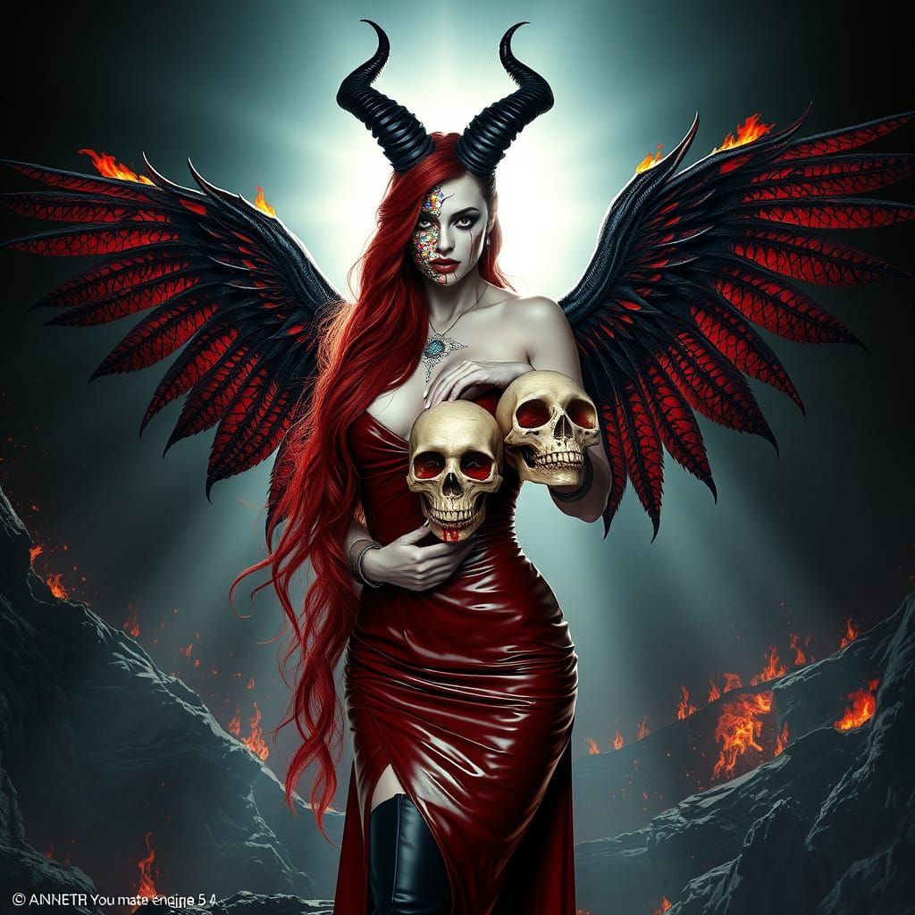 Gothic Goddess Lilith with Diamond Mask and Fiery Wings