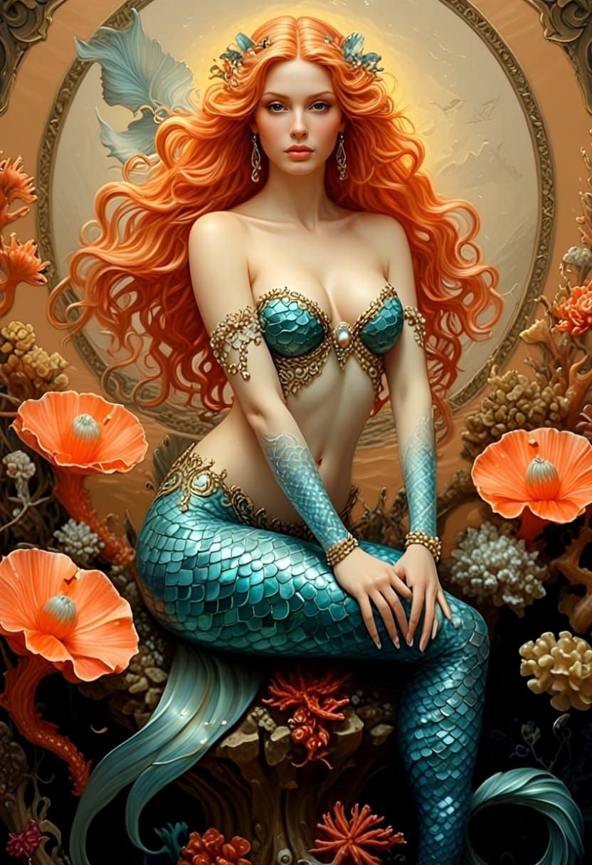 Baroque Mermaid Oil Painting in Vibrant Coral Reef