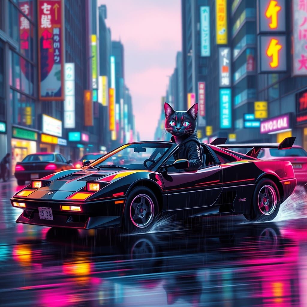 Cyberpunk Cat Speeds Down Tokyo City Street in Futuristic Sp...
