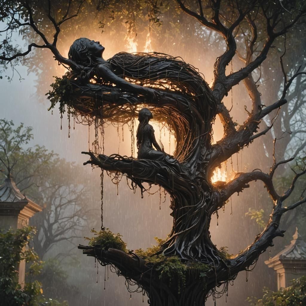 Surreal Weeping Woman Sculpture in a Burning Landscape