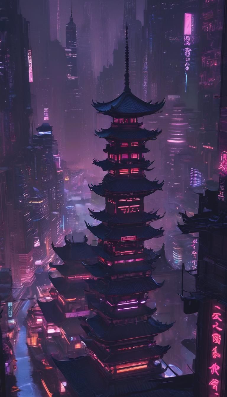 Cyberpunk Cityscape with Modernized Chinese Pagoda