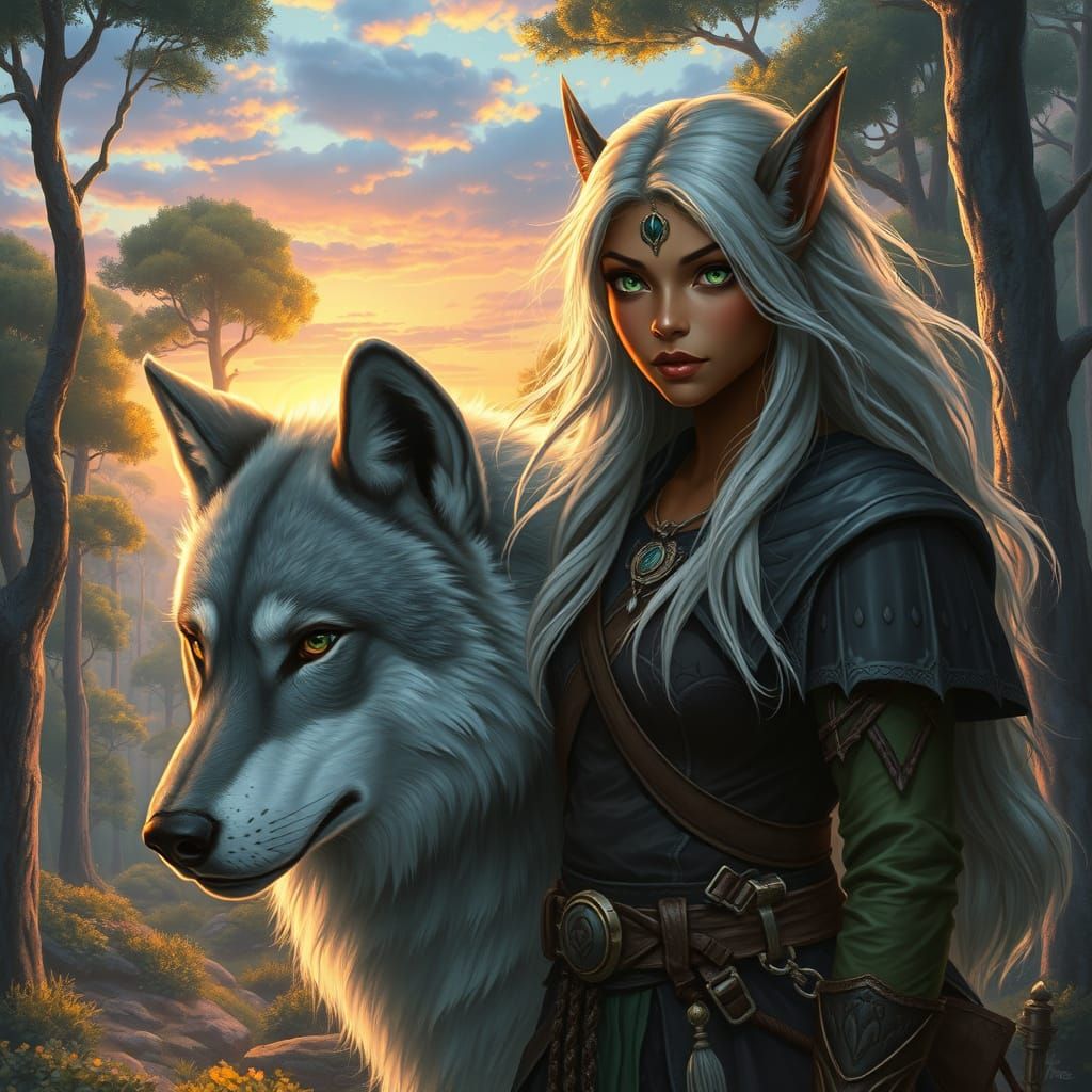 Elven Warrior and Her Majestic Wolf in a Vibrant Forest Land...
