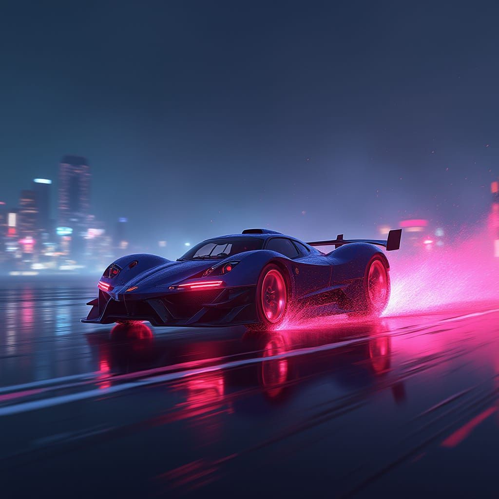 Cyberpunk Car Race at Night: Detailed Matte Painting