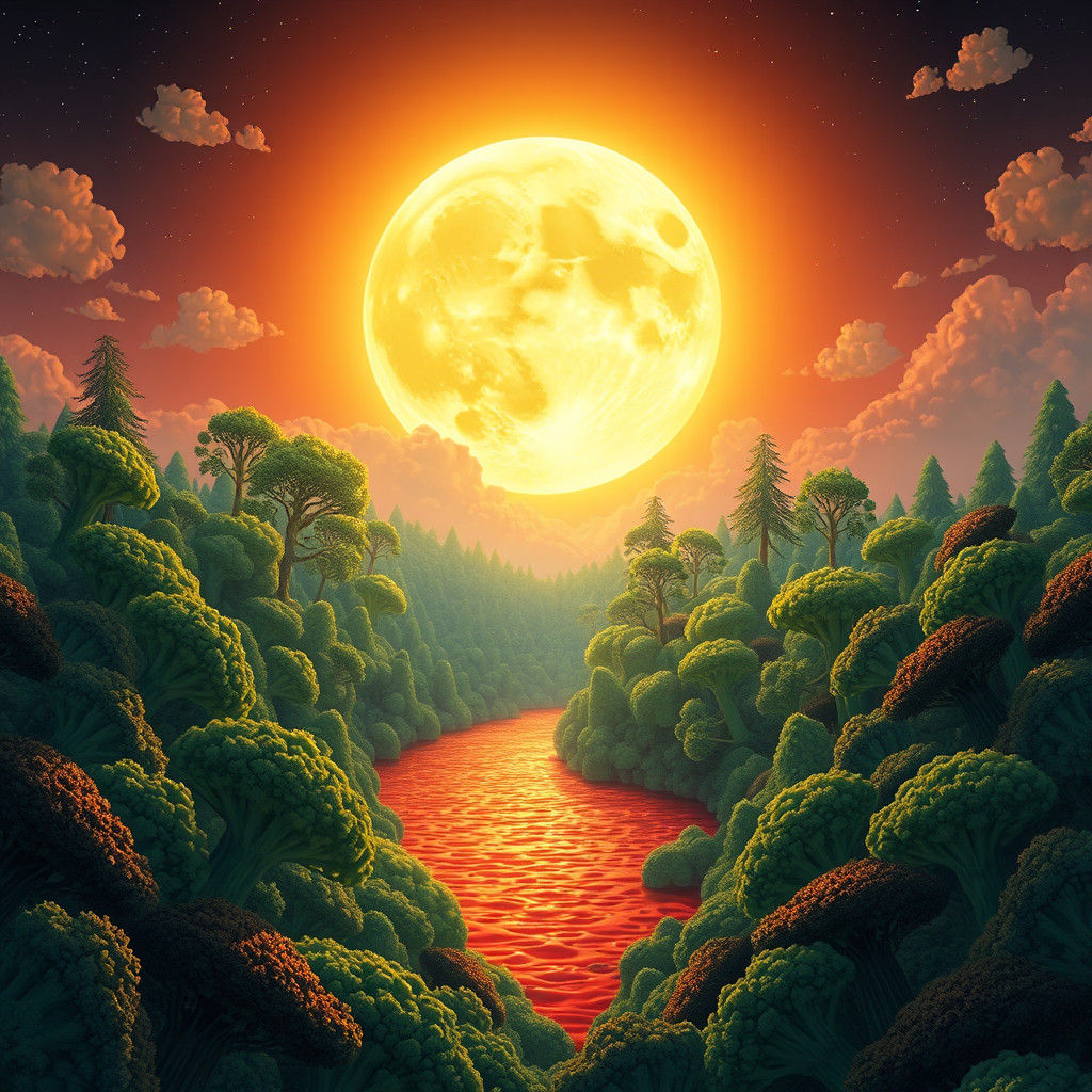 Pizza Moon Over Broccoli Forest in Anime Style