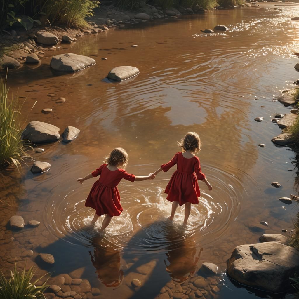 Girl in Red Dress Paddling in Stream: Digital Art