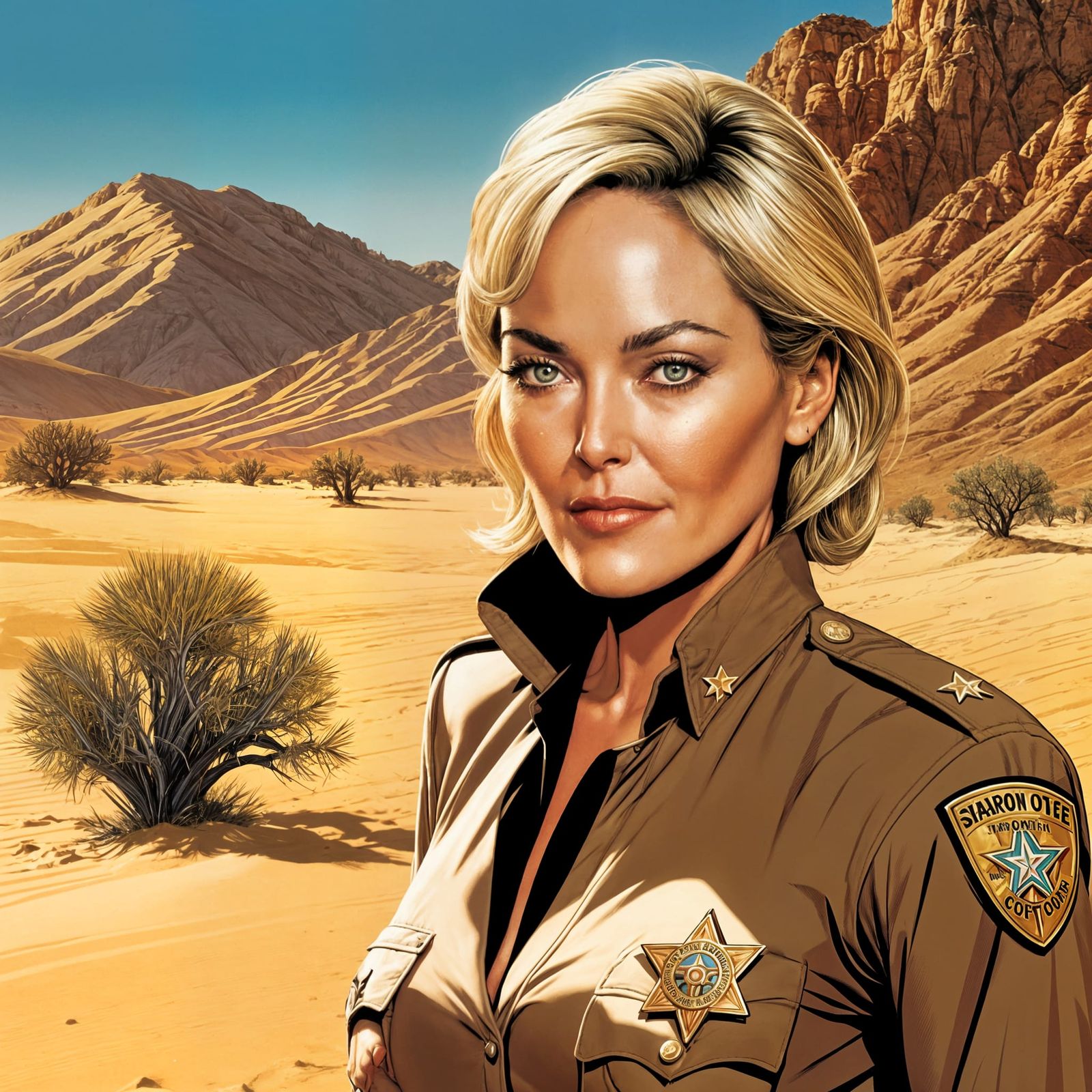 Pop Art Portrait of Sharon Stone as Sheriff in Mojave Desert