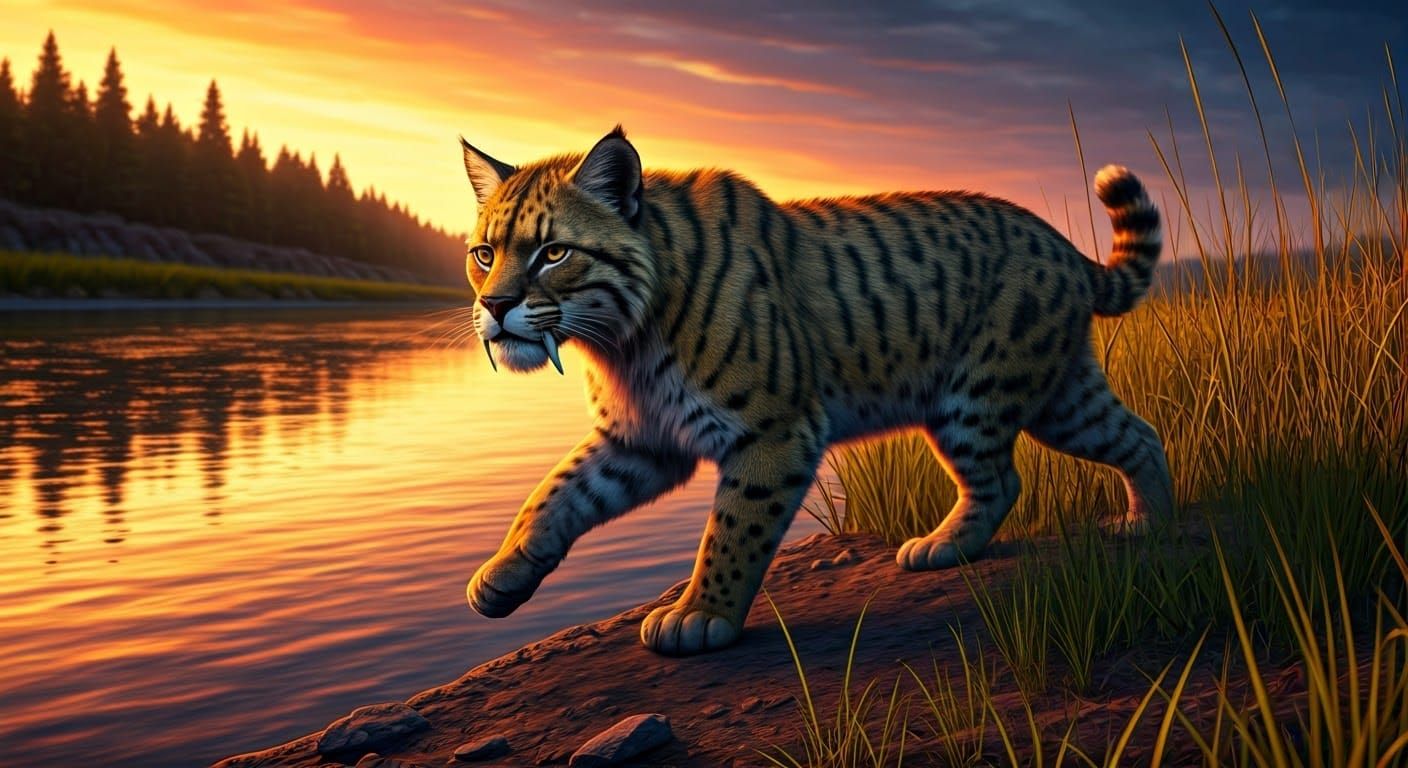 Regal Saber-toothed Cat Prowls Riverbank at Sunset in Wildli...