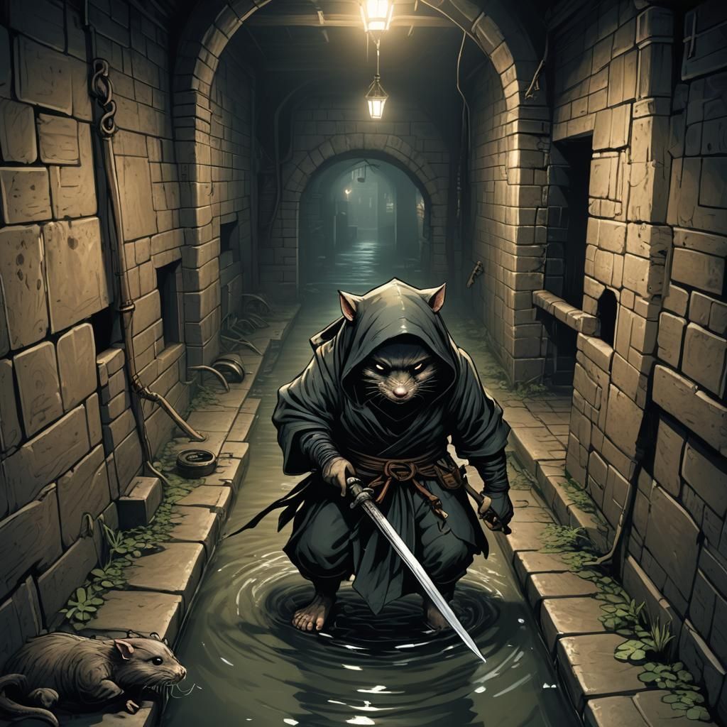 Dark Fantasy Rat Ninja in Dimly Lit Sewer