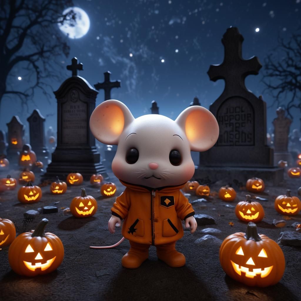 Halloween Chibi Mouse in Graveyard, Digital Art