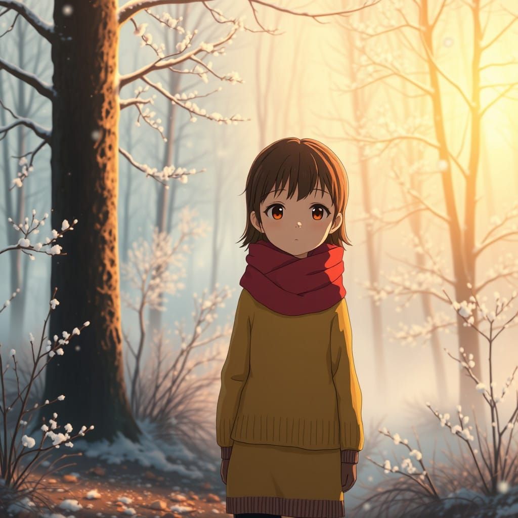 Whimsical Anime Scene of Young Girl in Snowy Forest at Dawn