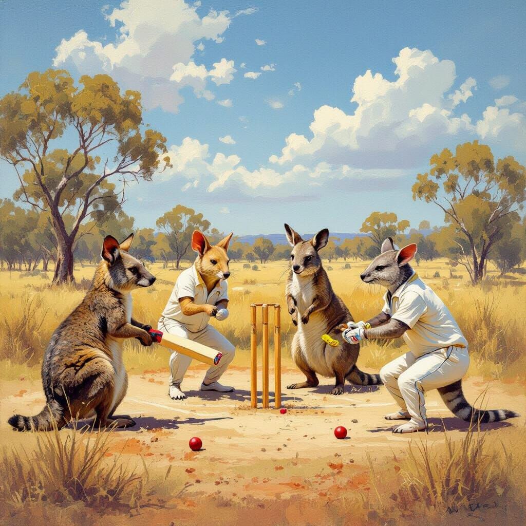 Australian Animals Play Cricket as Oil Painting
