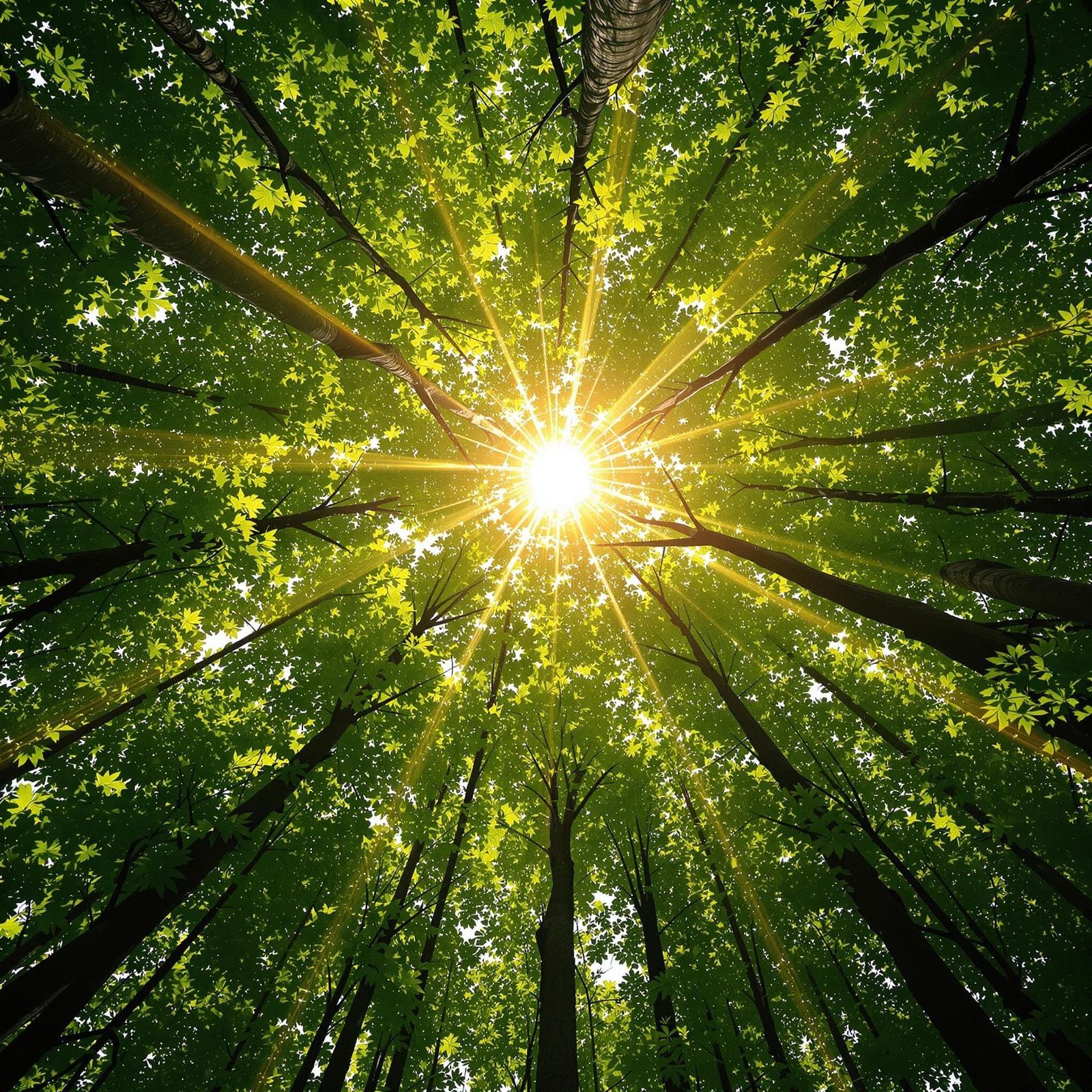 Radiant Sunburst Through Emerald Forest Canopy
