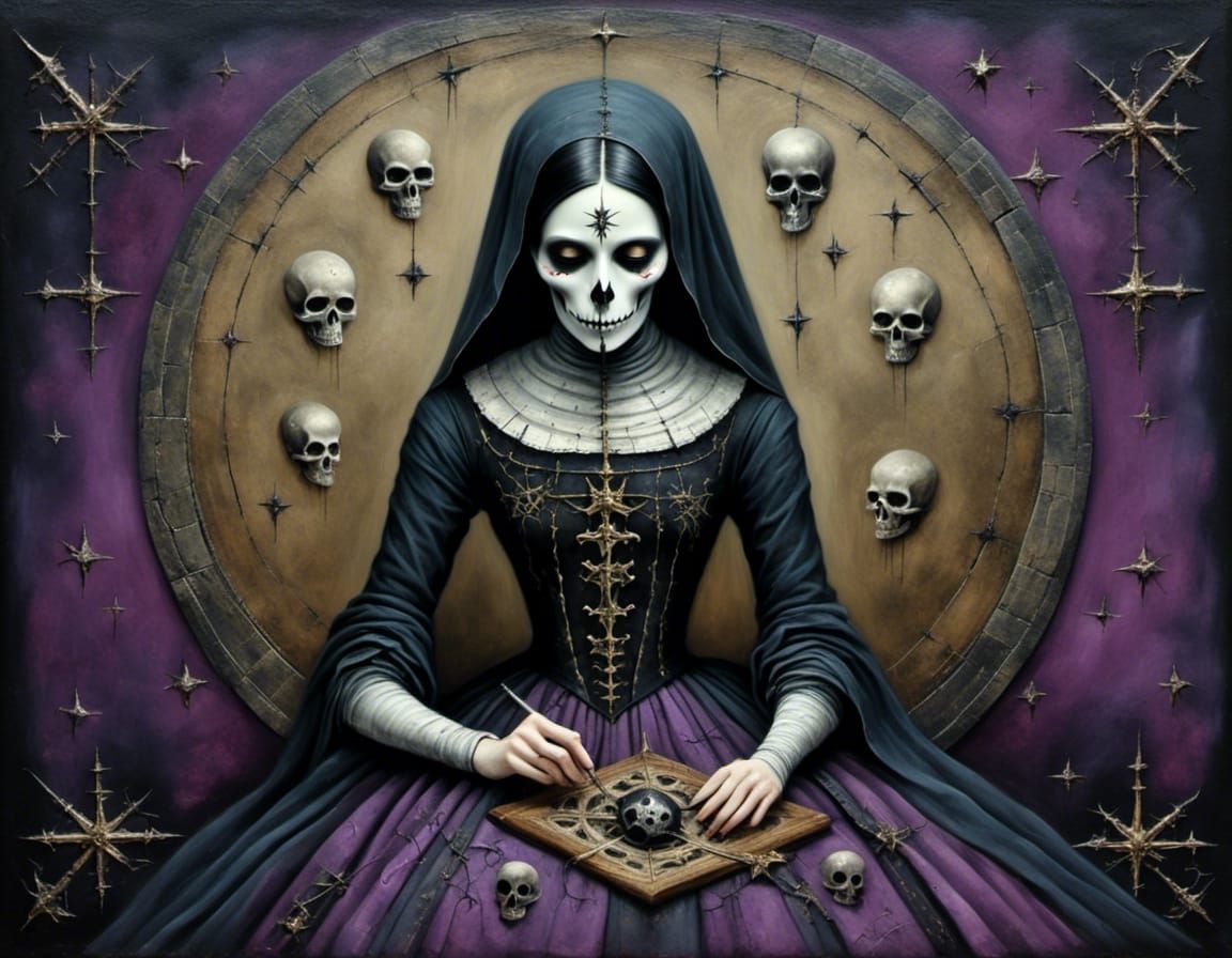 purple Santa Muerte practising magick