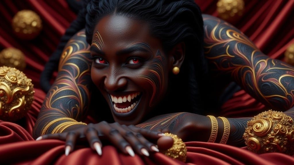 Menacing African Woman with Fangs and Gold Tattoos