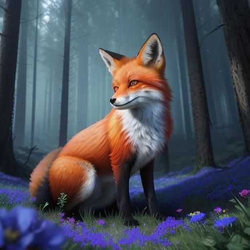 Red Fox in Blue Flower Forest: Detailed Matte Painting
