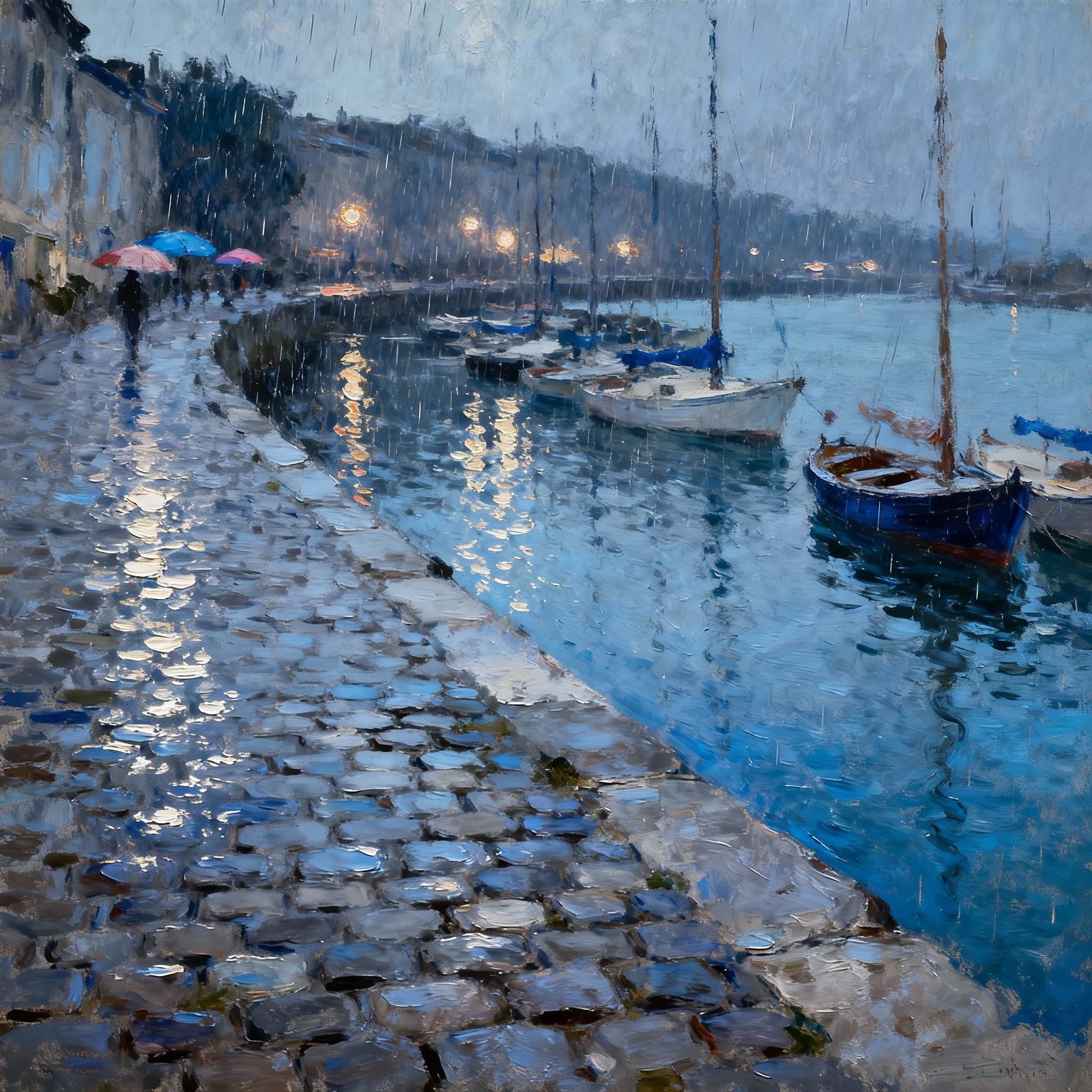 Impressionist Harbor Scene on a Rainy Day