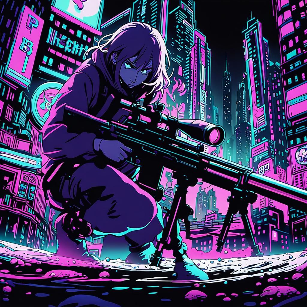 Anime Sniper Overlooking Neon Cityscape