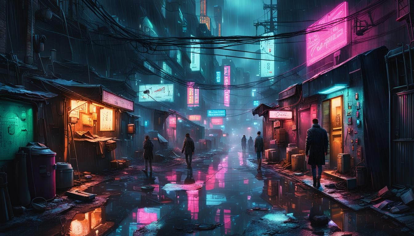 Rainy Cyberpunk Alley with Neon Lights