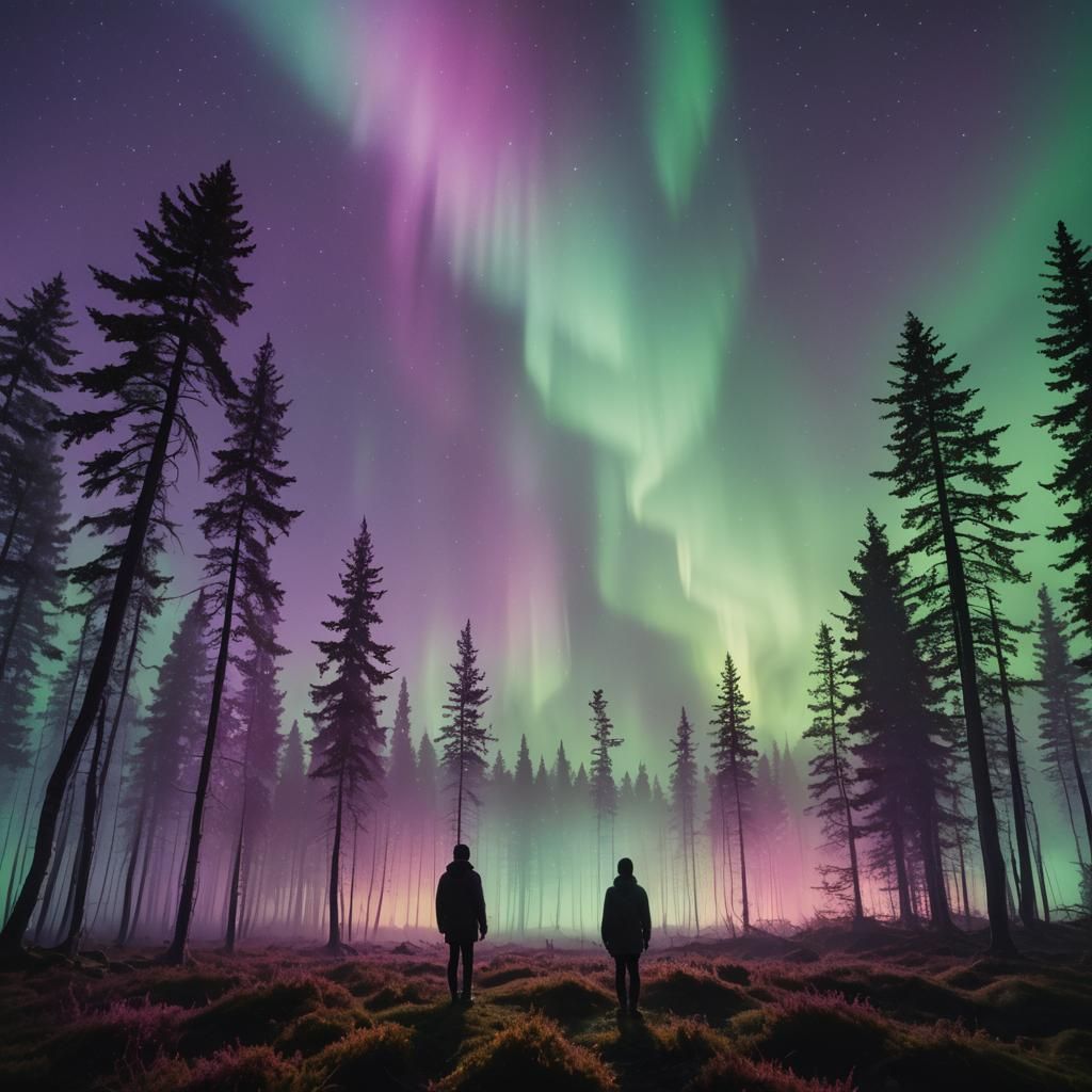 Aurora Borealis Illuminates Misty Forest Landscape