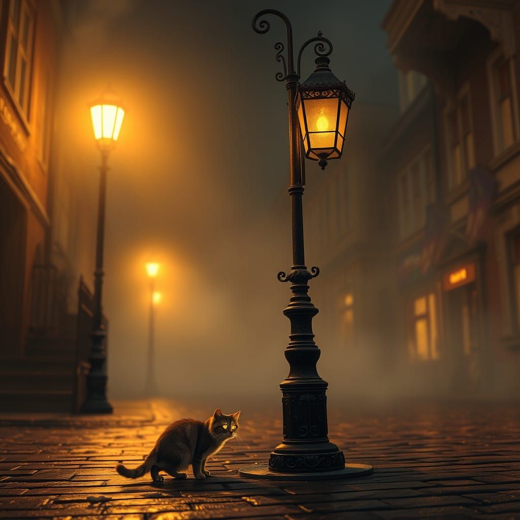 Whimsical Street Scene Transformed by Warm Lantern Glow