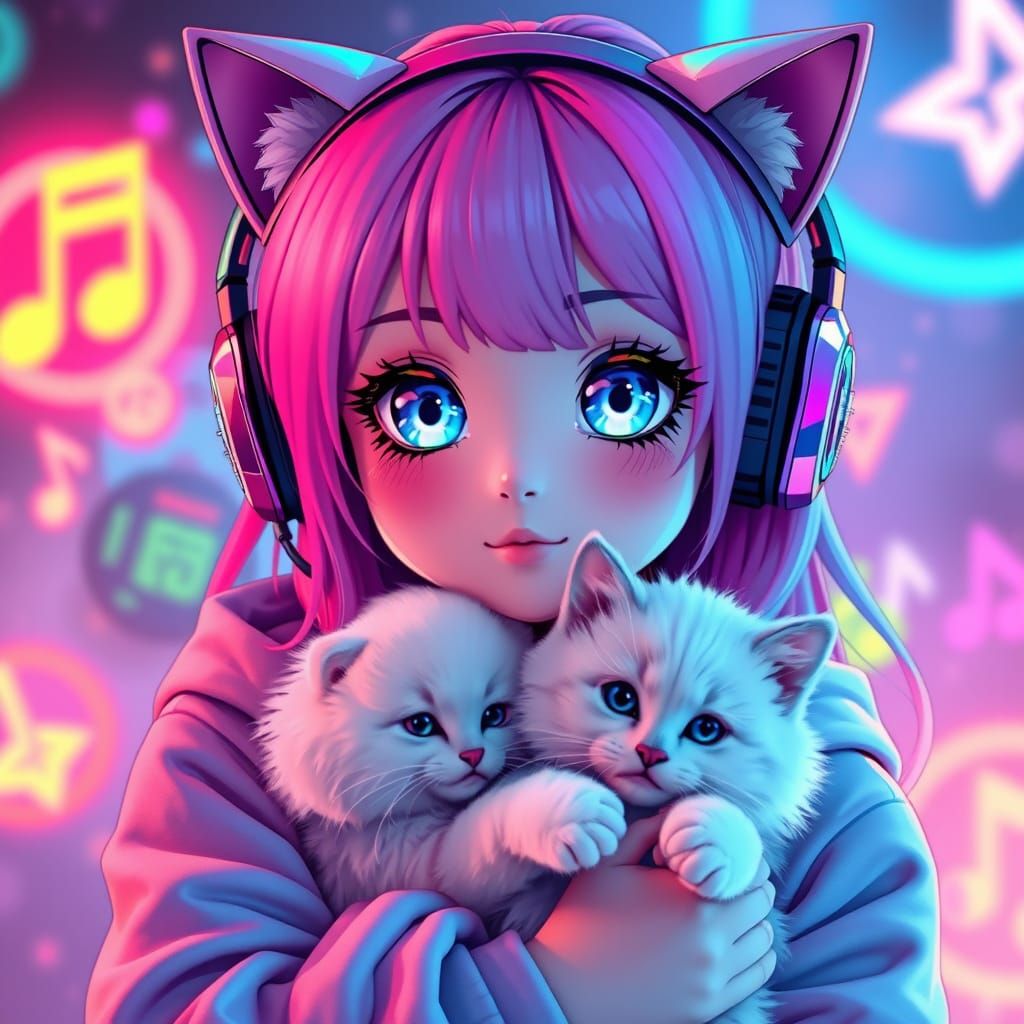 Kawaii Cyberpop Girl and her cats