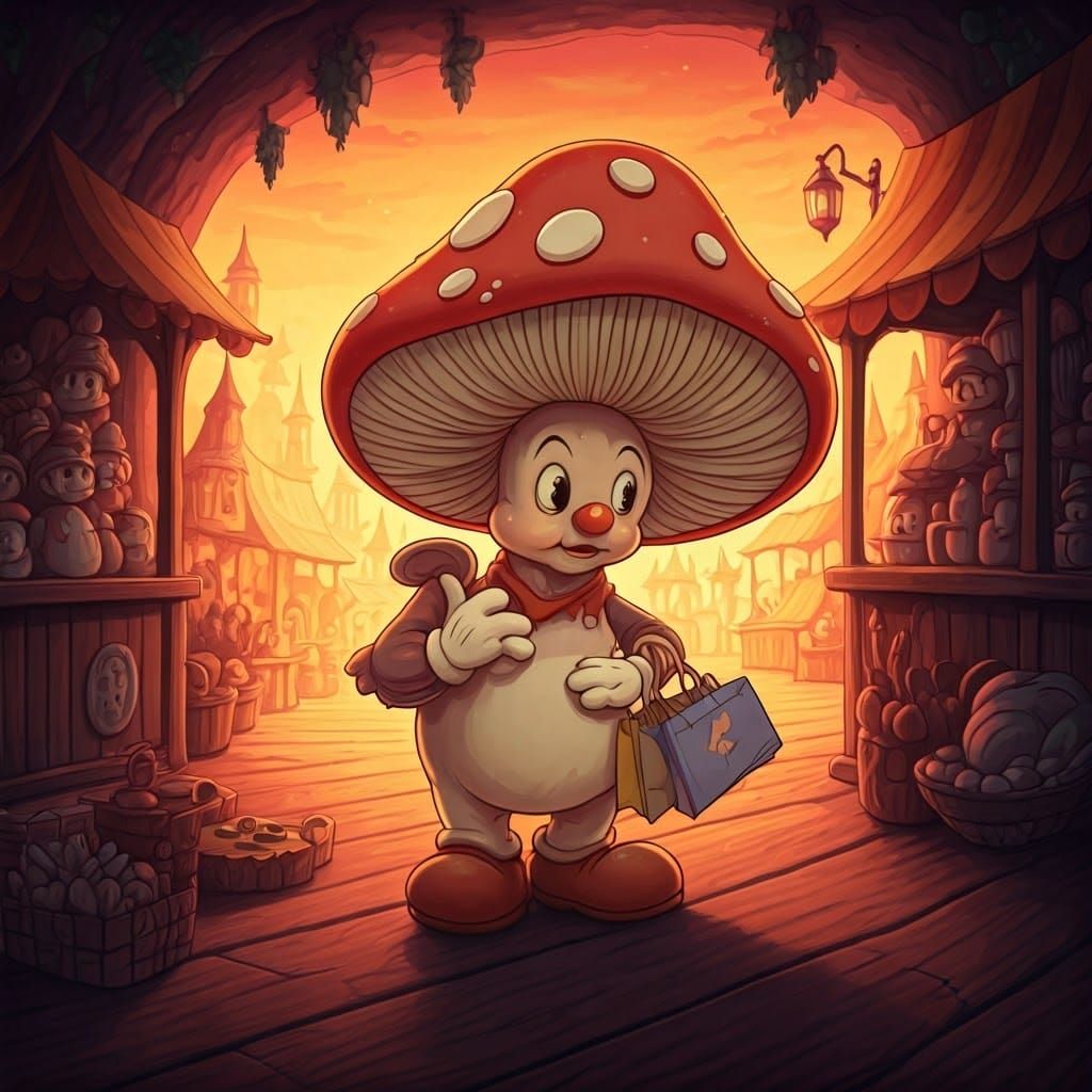 1930s Disney anthropomorphic cartoon mushroom going shopping in a whimsical market