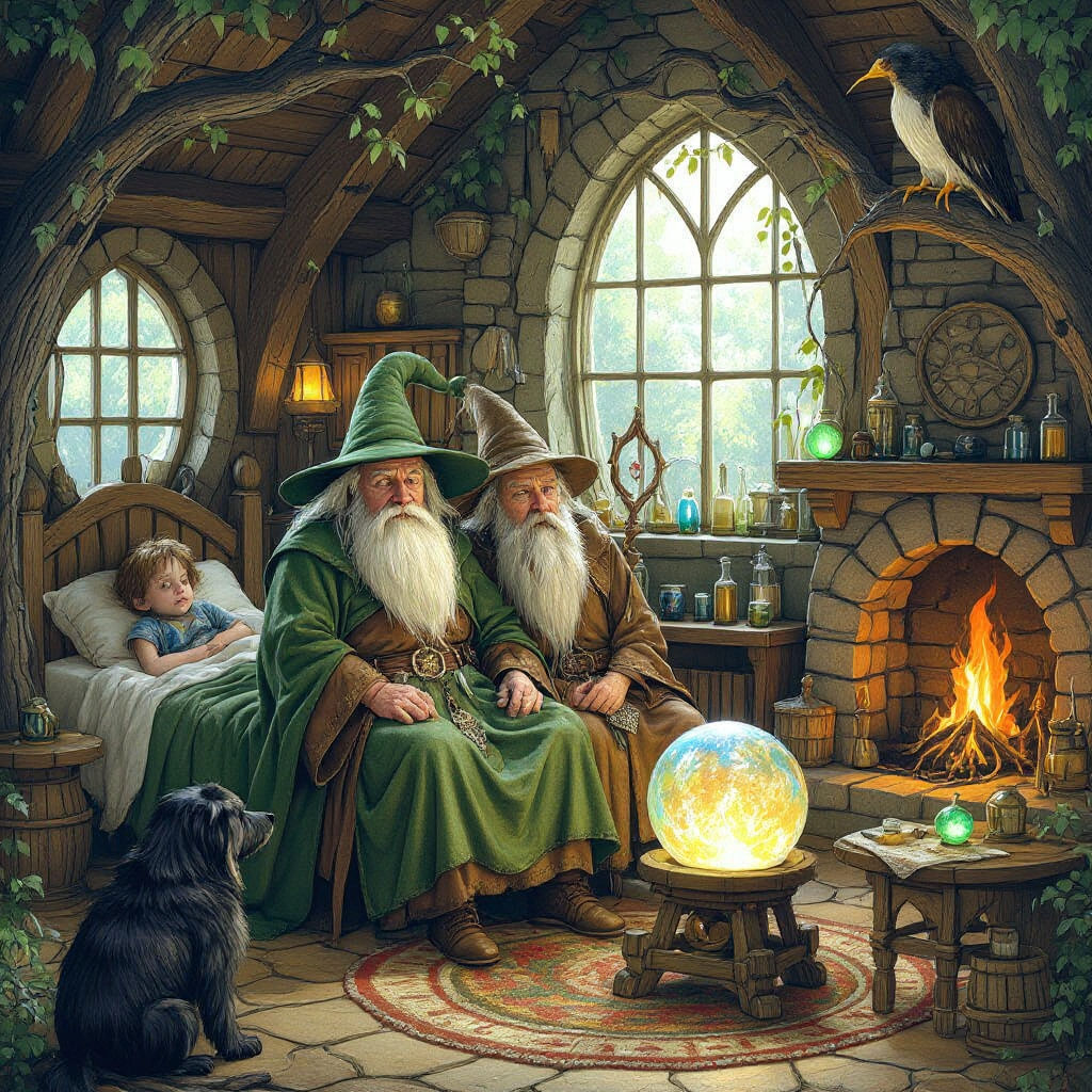 Wizard in Cottage with Sick Boy and Dwarf