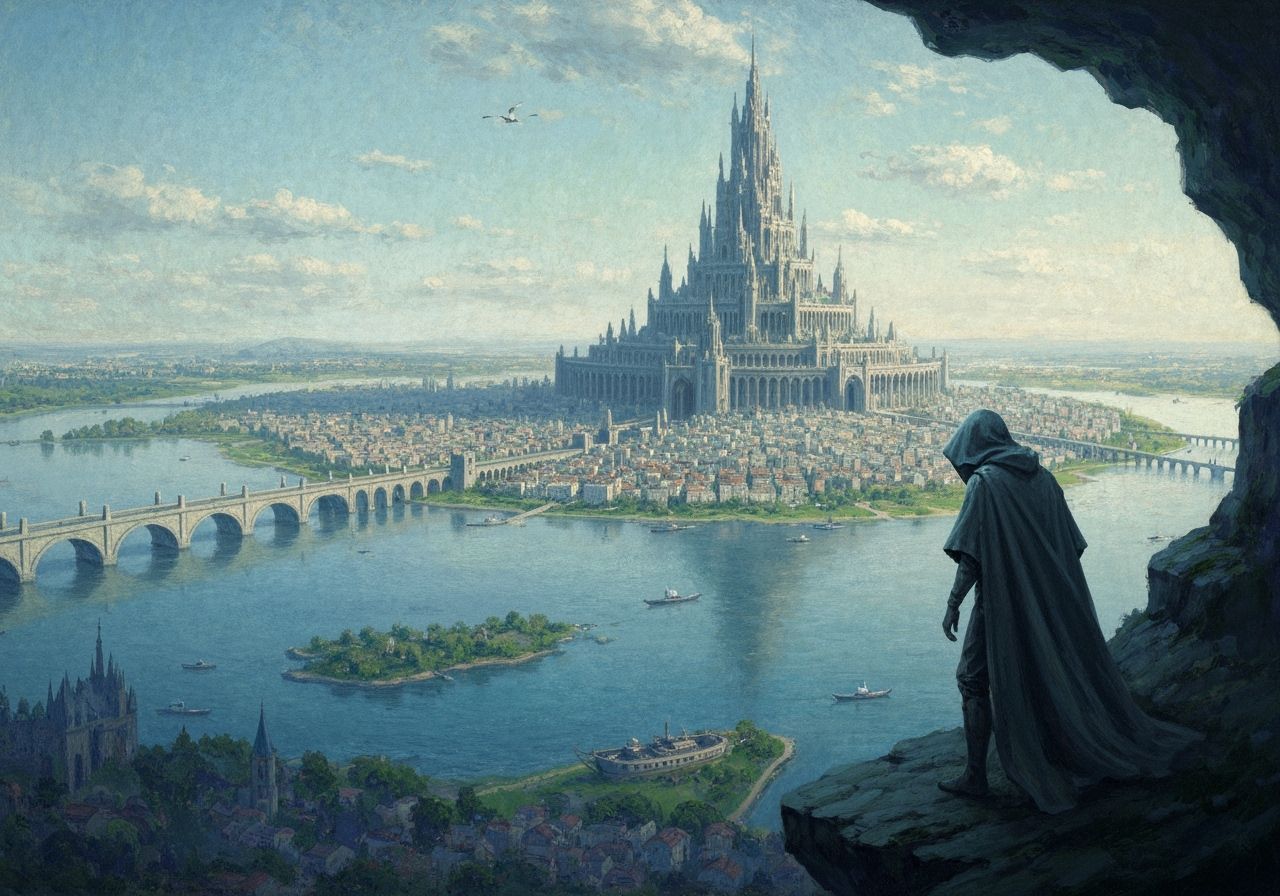 Monet Style Painting of Cloaked Figure Overlooking Fantasy M...