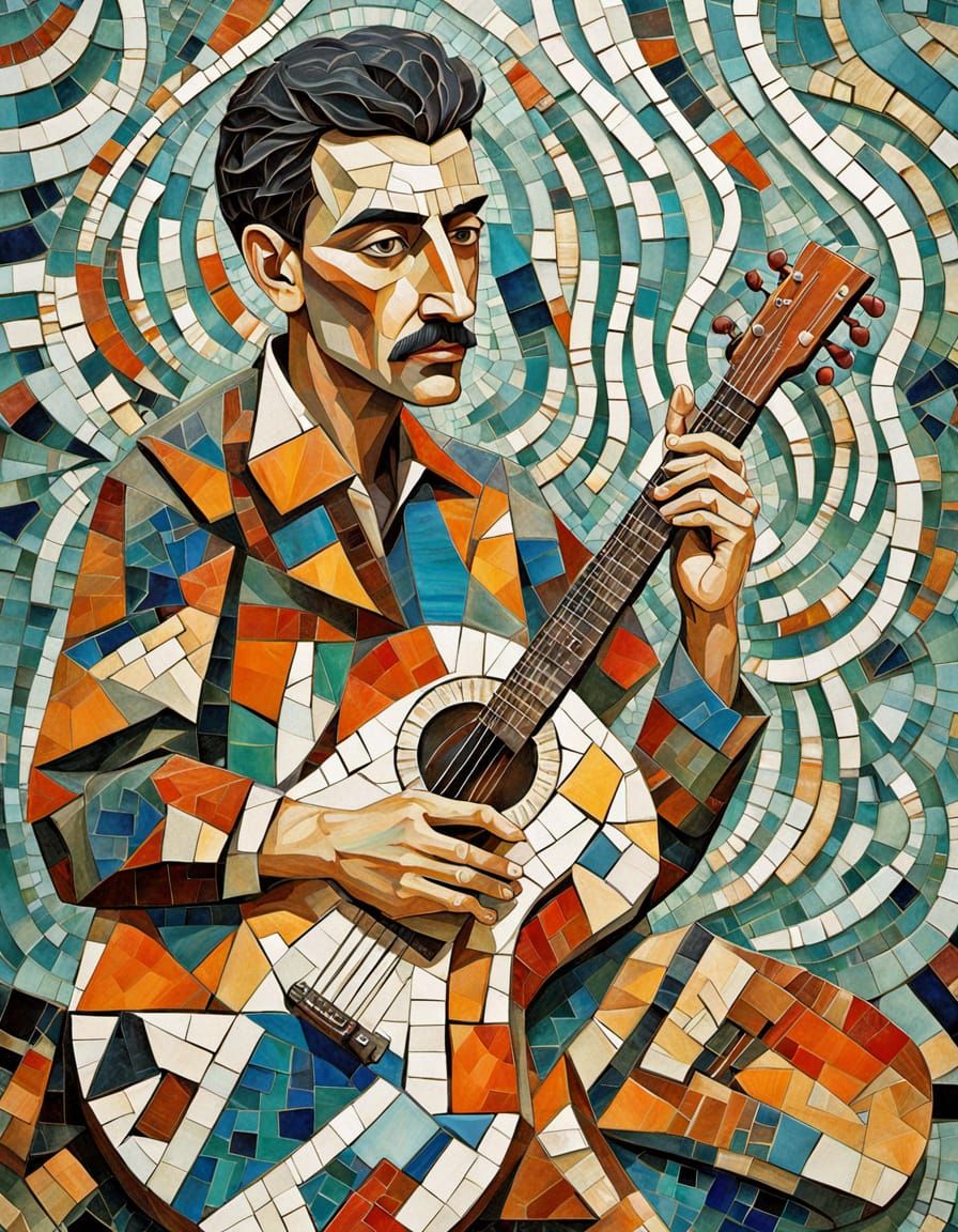 Cubist Guitarist Mosaic Portrait in Gaudi Style