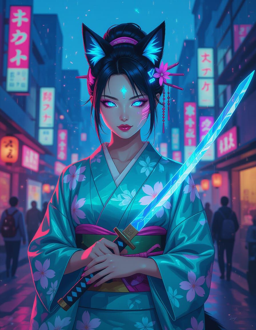 Kitsune in Neon Cityscape with Energy Katana