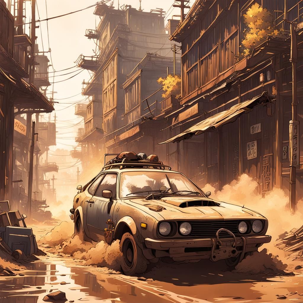 Post-Apocalyptic Car Drift in Anime Style