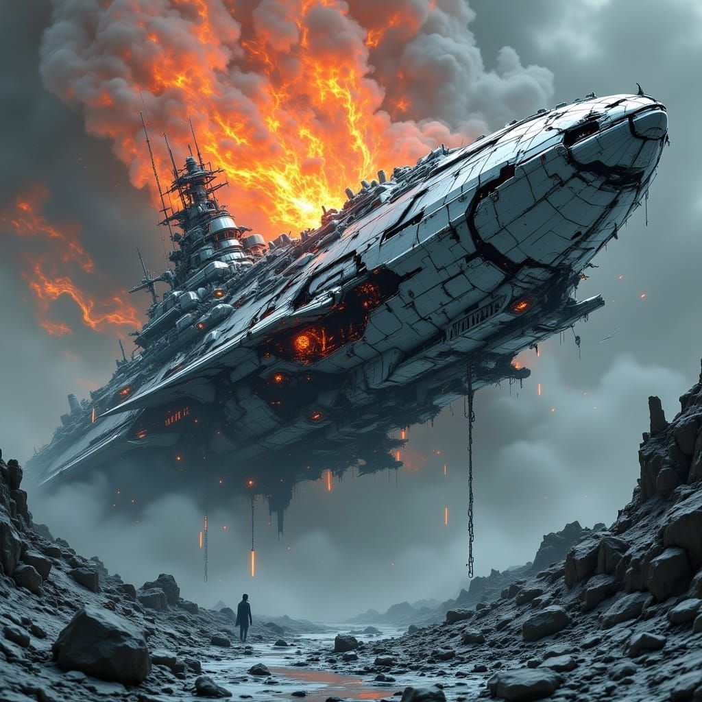 Retro-Futuristic Dreadnaught Starship in a Nebula of Space D...