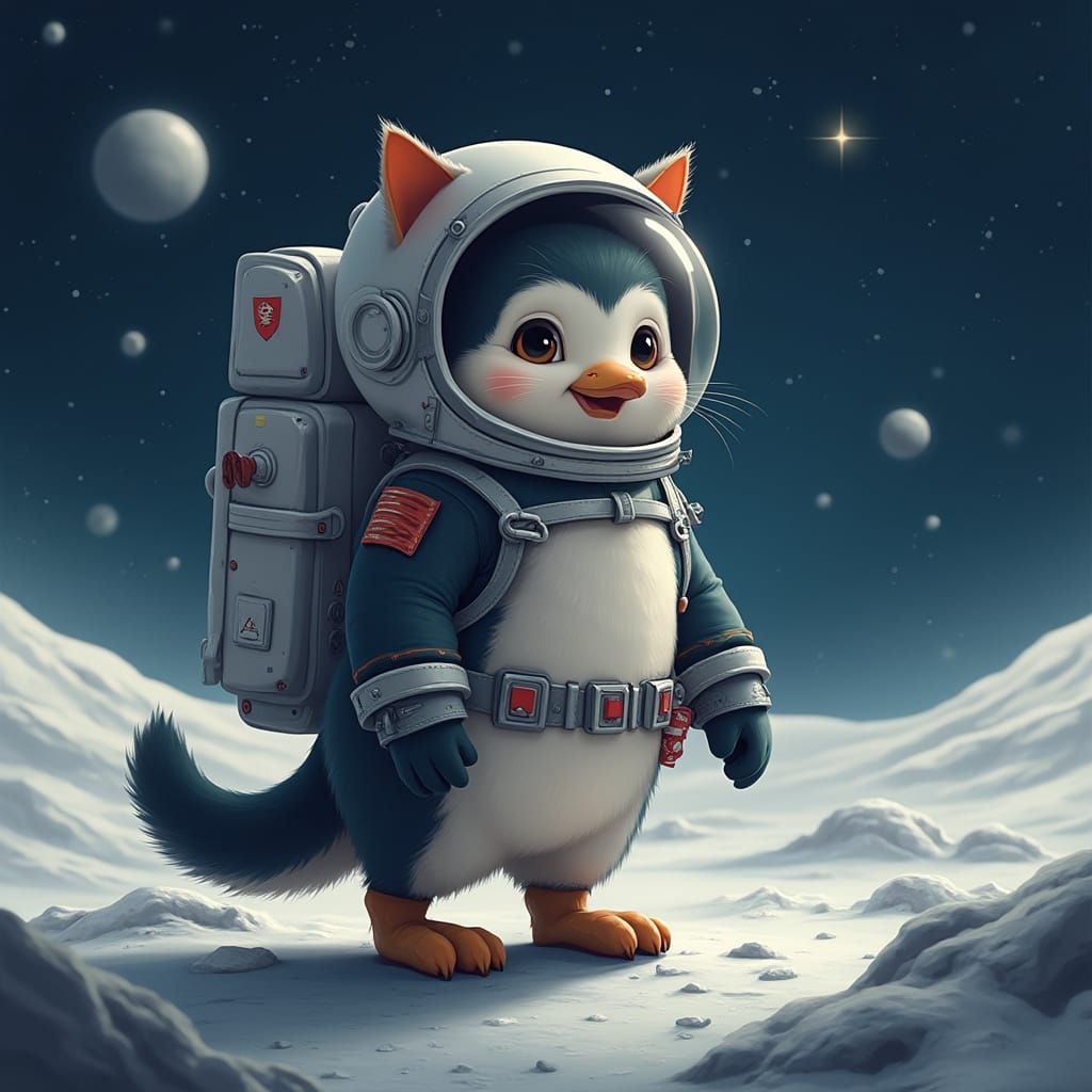 Cat-Penguin Hybrid in Futuristic Spacesuit on the Moon