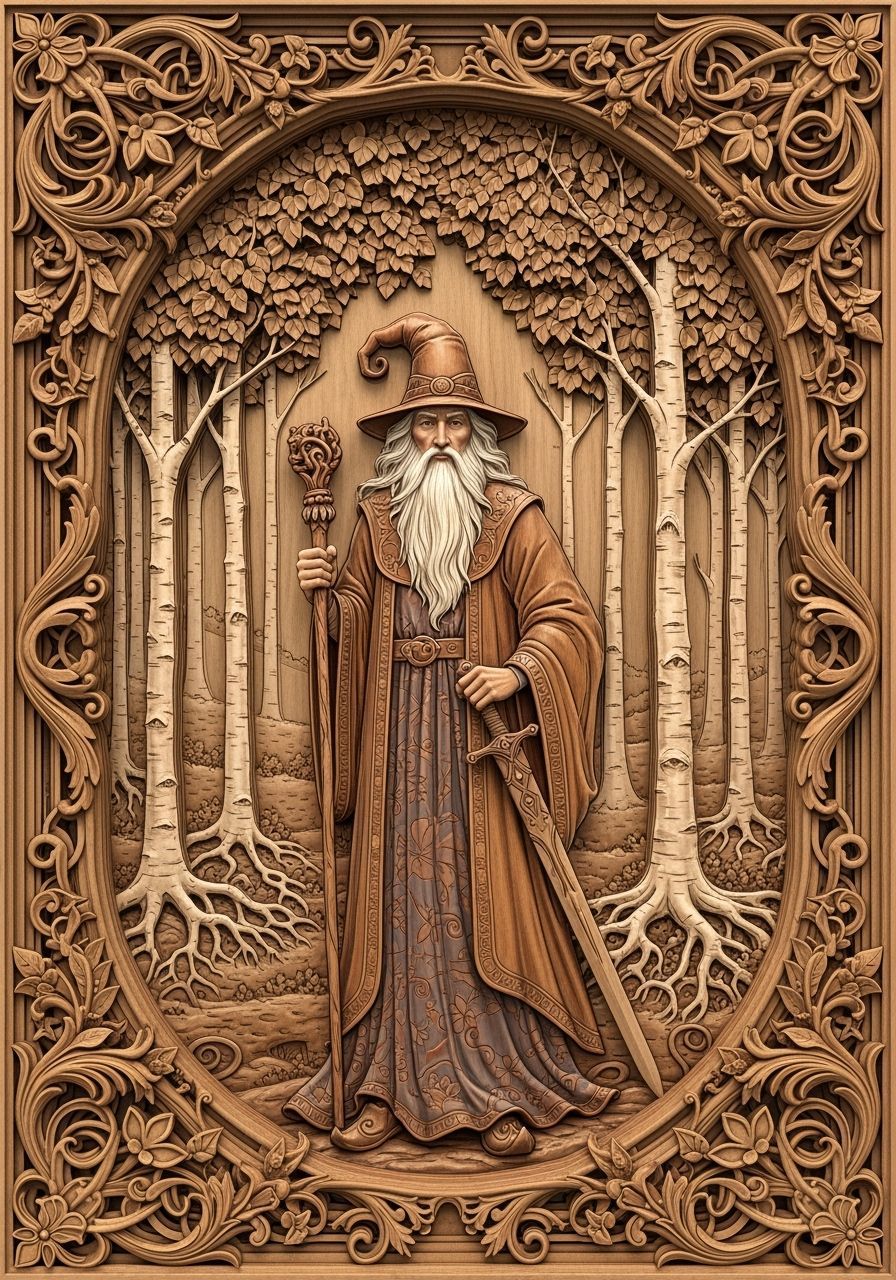 Enchanted Forest Wizard: Bas-Relief Wood Carving