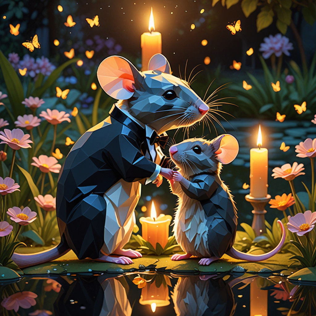 A Low-Poly Mouse Scene at Sunset