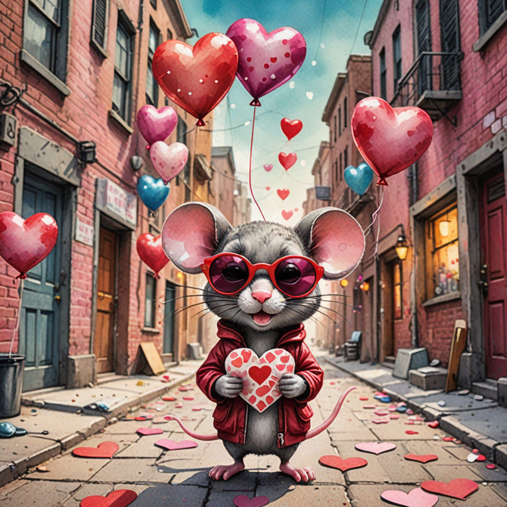 Whimsical Mouse in Heart-Shaped Sunglasses Amidst Red and Pi...